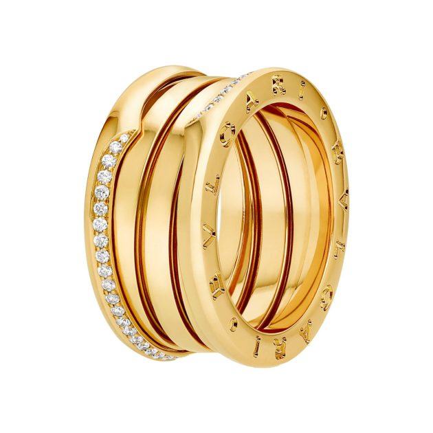 18 kt yellow gold Bulgari three-band pavé diamond ring set