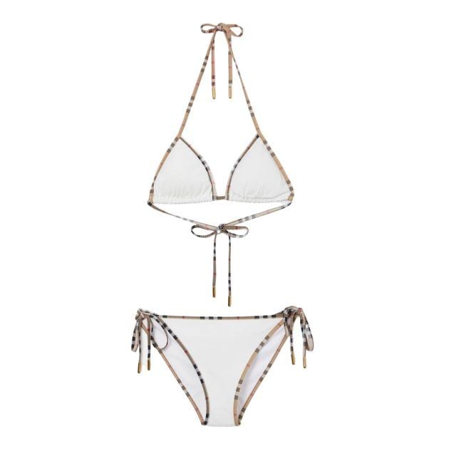 Burberry white triangle halter bikini with Burberry plaid trim