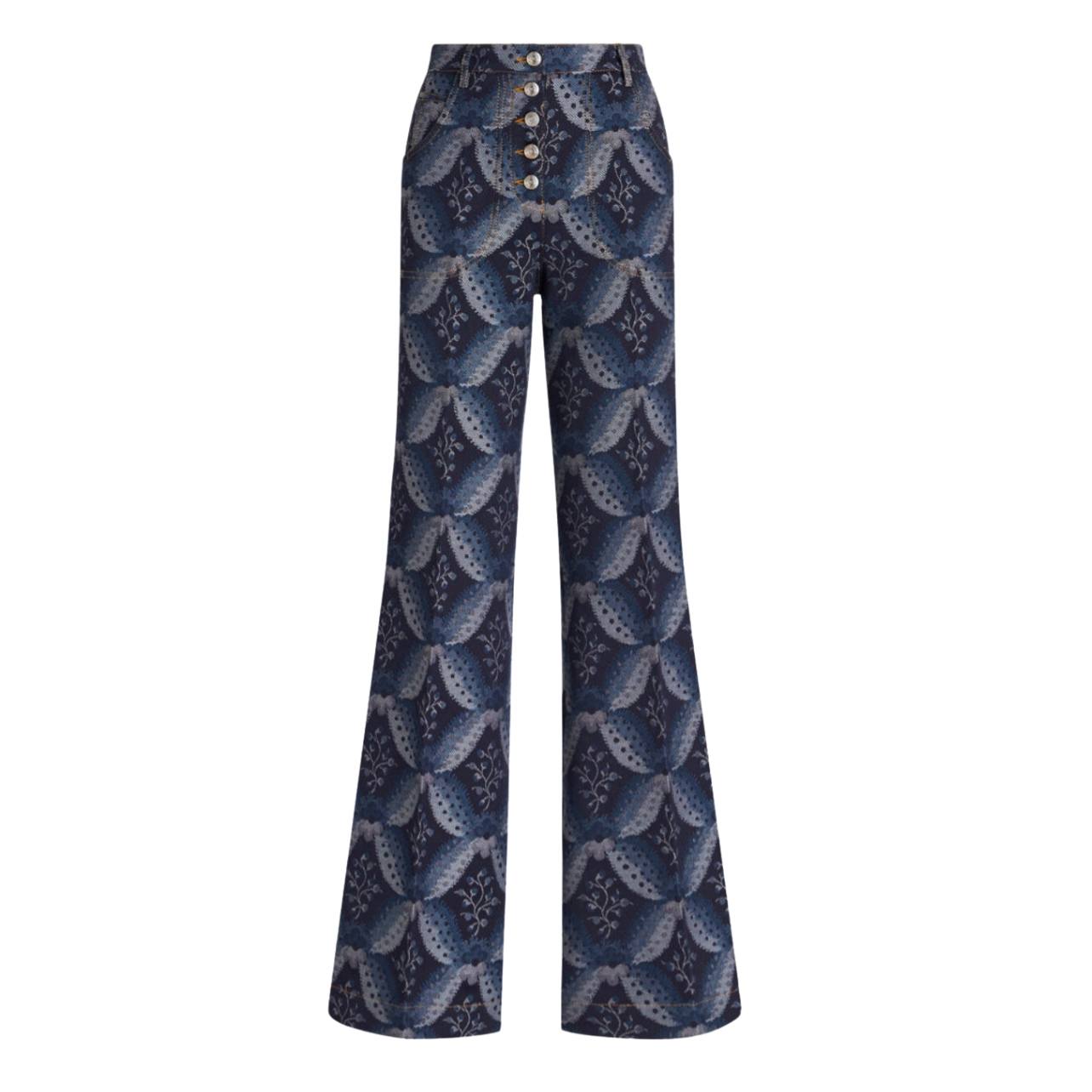 Flared denim jacquard jeans embellished by ton-sur-ton Floralia patterns