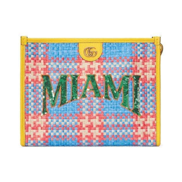 Multicolor Gucci Raffia pouch with Miami in green sequins