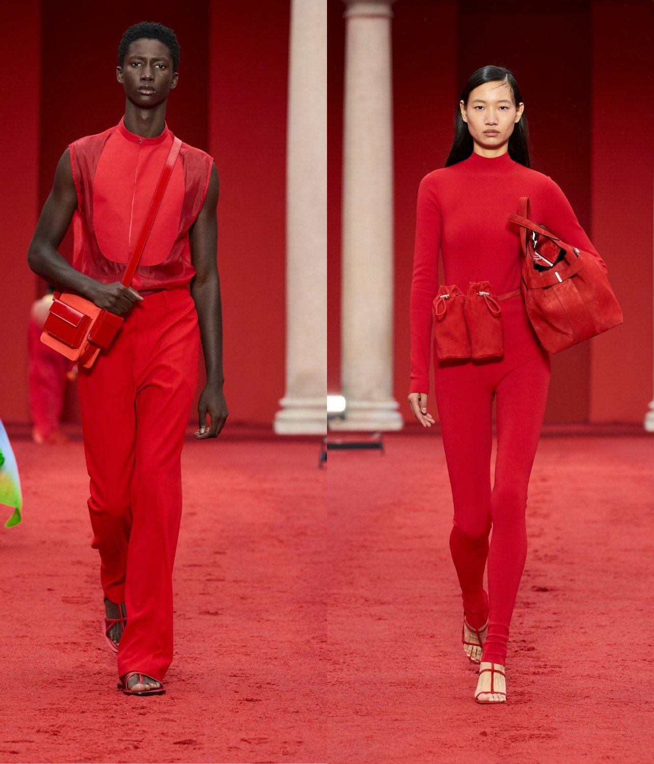 Male model wearing red Ferragamo trousers and silk chiffon top, walking in the Spring/Summer 2023 show