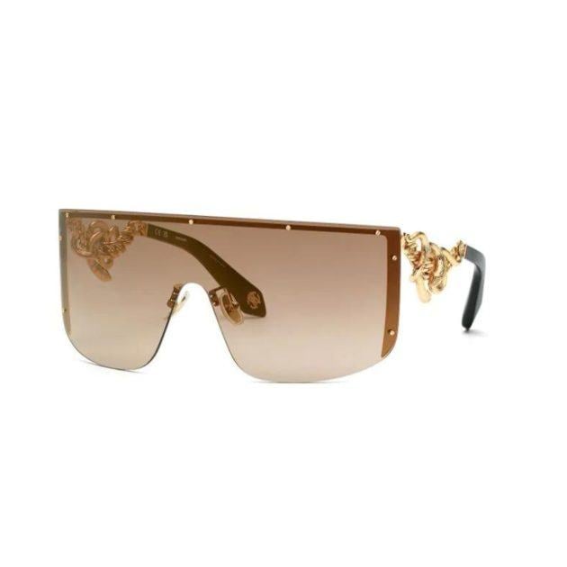 Roberto Cavalli gold oversized mask glasses with wraparound front embellished with micro studs