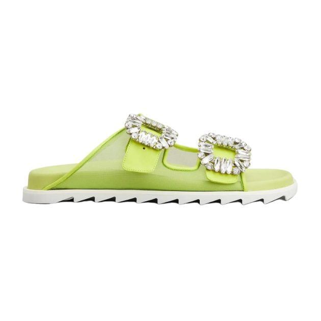 Roger Vivier strass buckle mules in green mesh fabric