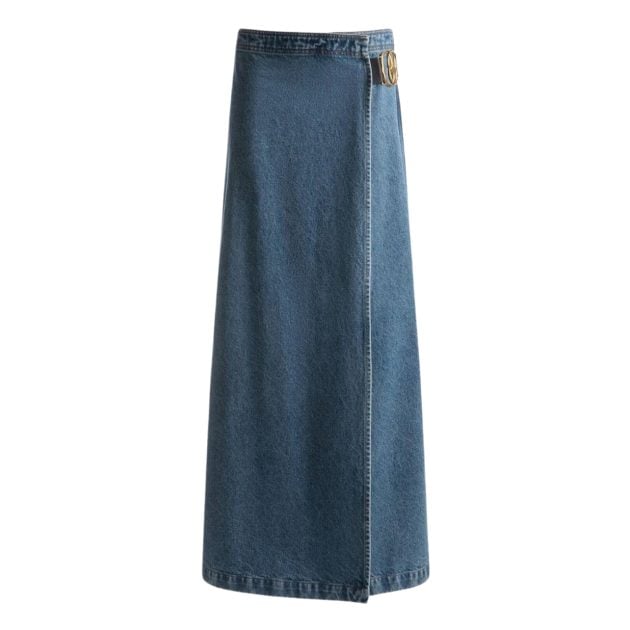 Bally denim maxi skirt with slit and gold buckle