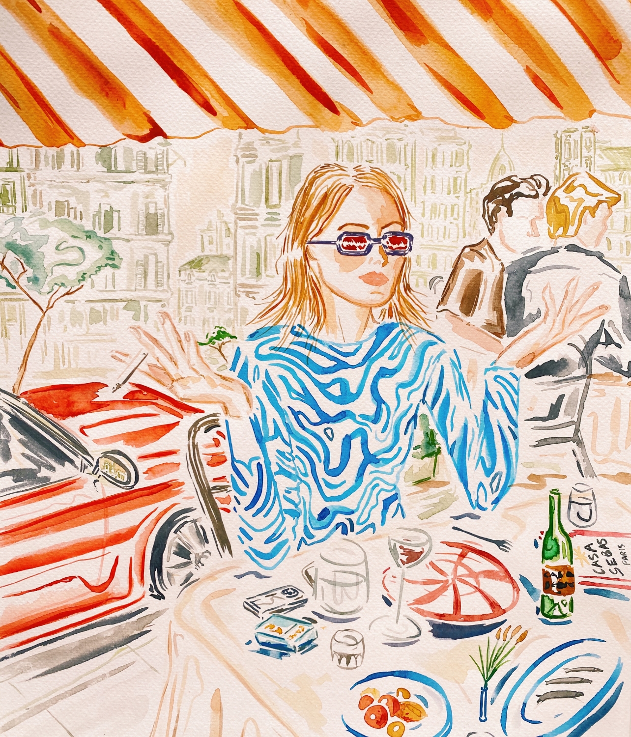 Illustration of woman enjoying hors d’oeuvres, wine, and a cigarette in Paris by Sebastian Marc Graham