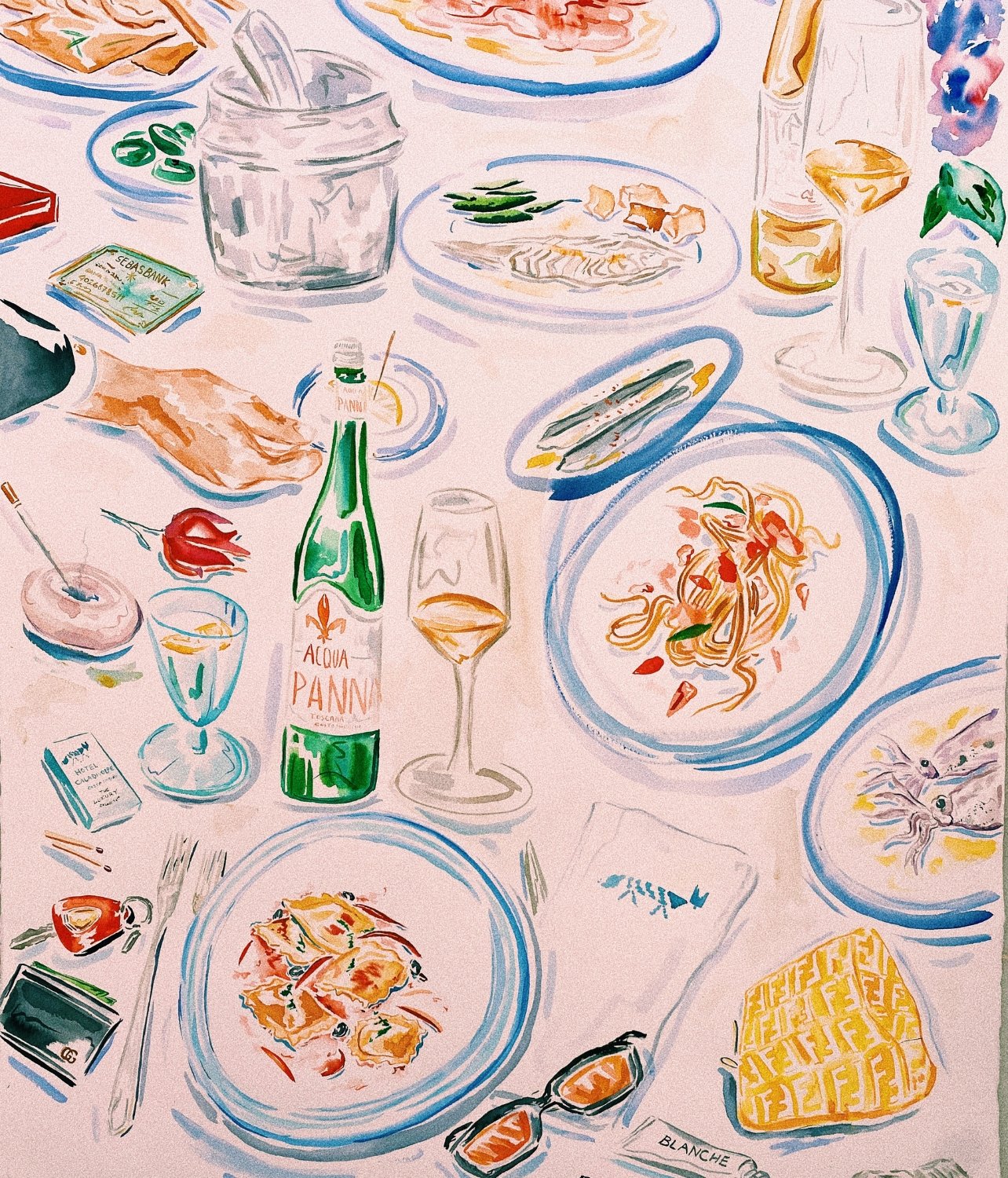 Original illustration of a family style dinner table by Sebastian Marc Graham