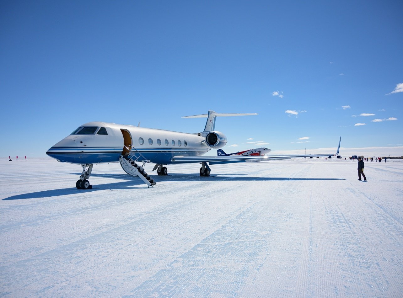 Privately hired Gulfstream on ice runway in Antarctica