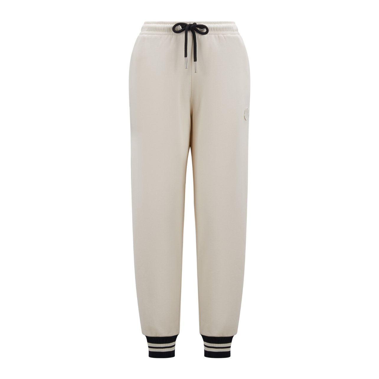 Moncler white fleece drawstring sweatpants with black stripes on sides