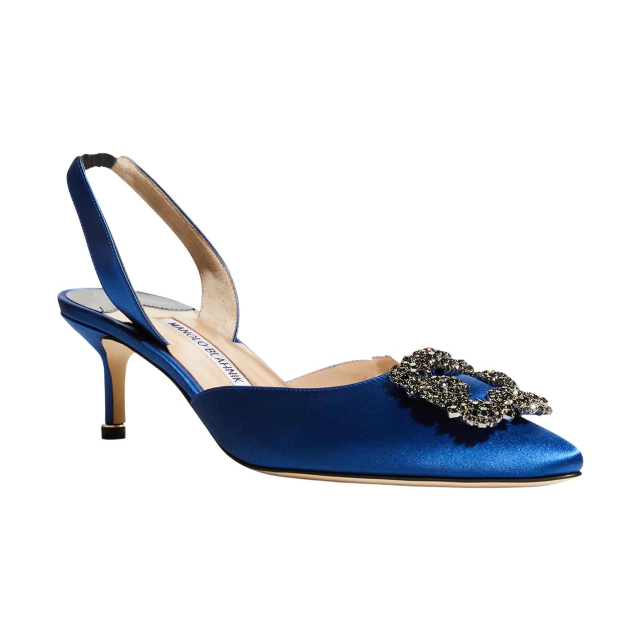 Blue Manolo Blahnik slingback pumps with crystal buckle