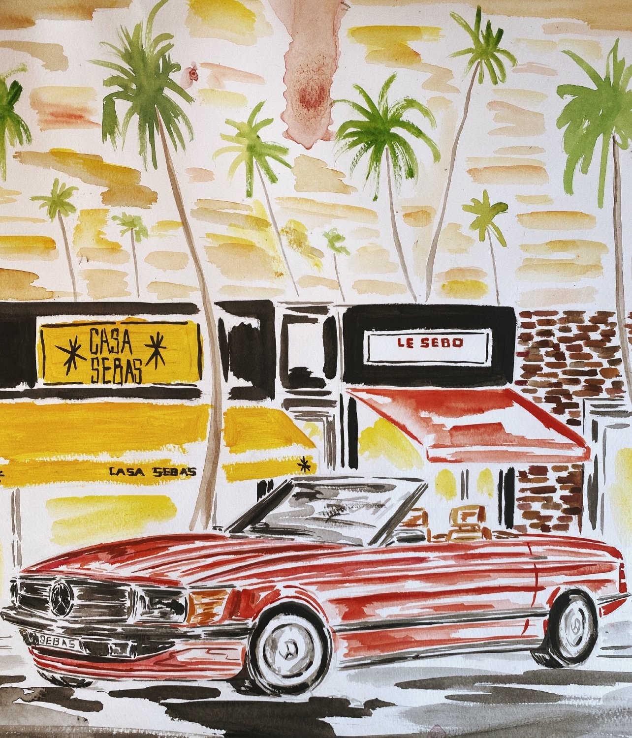 Illustration of a red convertible Mercedes parked in front of Casa Sebas by Sebastian Marc Graham