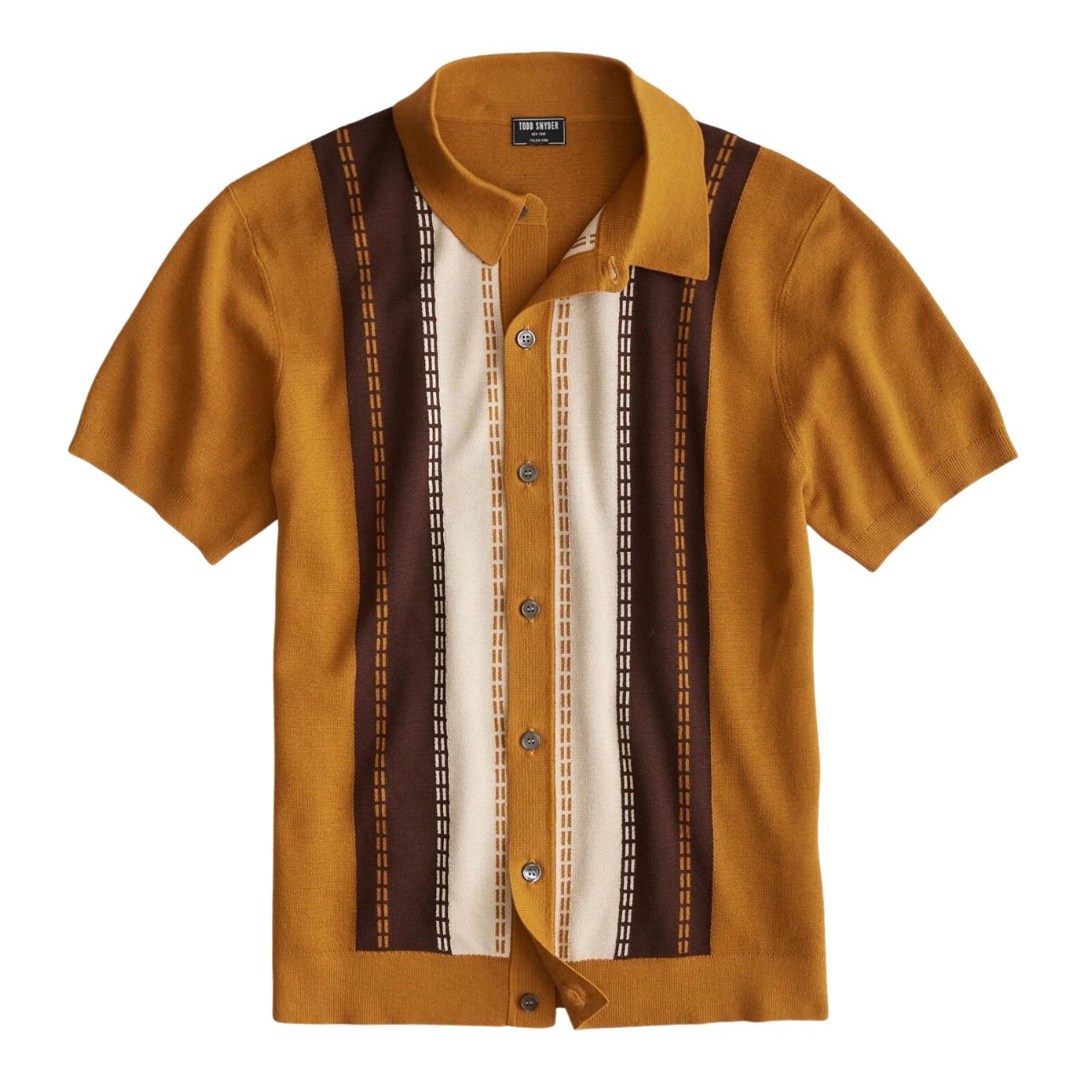 Todd Snyder vertical stripe button down full-placket polo shirt in old gold