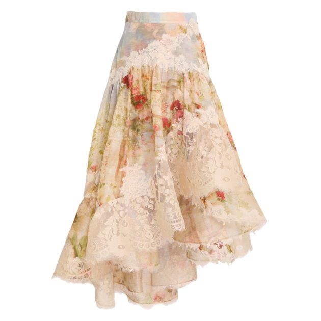Zimmermann silk linen skirt with panels of lace and asymmetric hem
