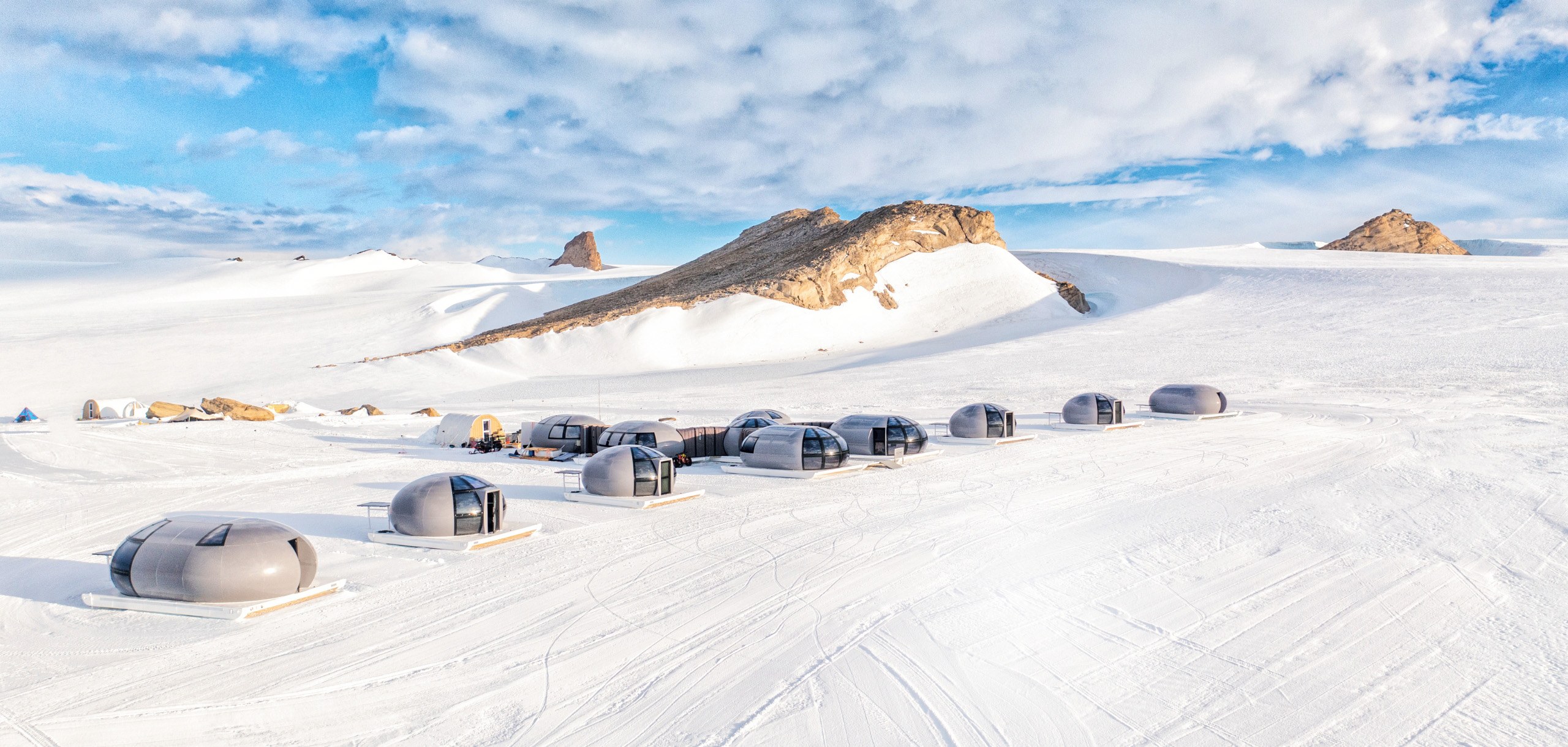 Ariel view of fiberglass pods at White Desert Antarctica