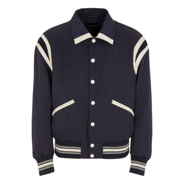 Armani navy water-repellent crinkle-nylon bomber jacket with white leather details and preppy-font logo embroidery
