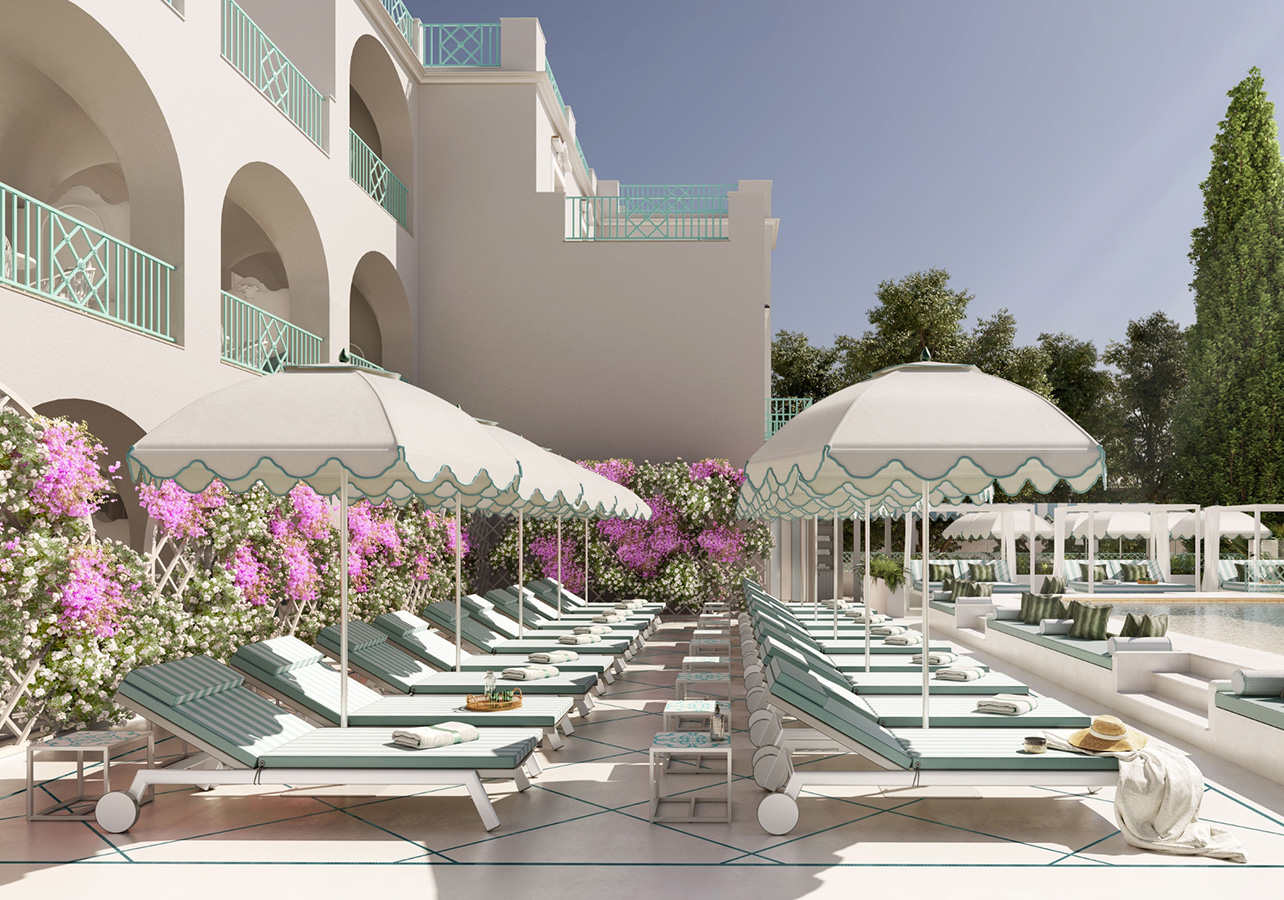 Lounge chairs around the pool at La Palma Hotel in Capri Italy