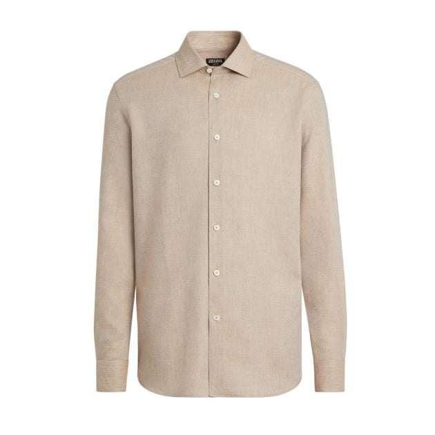 Zegna light beige Cashco long-sleeve button down shirt with collar