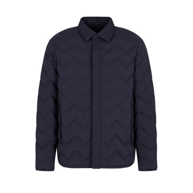 Armani navy blue chevron quilted nylon packable down jacket with classic collar