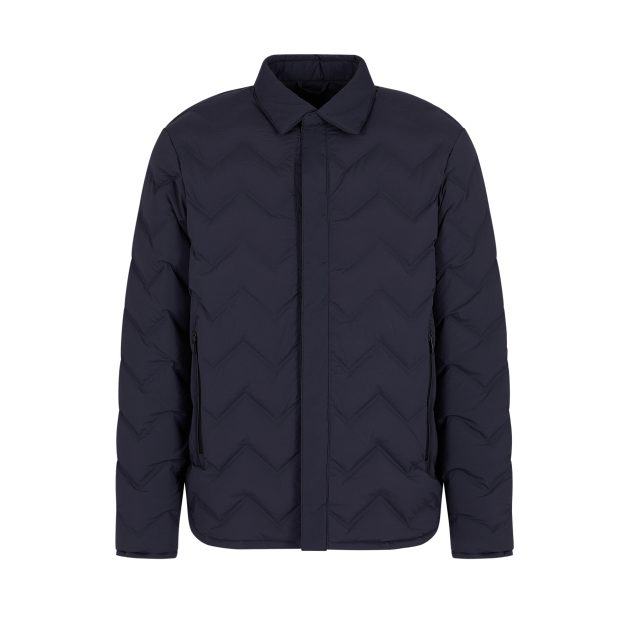 Armani navy blue chevron quilted nylon packable down jacket with classic collar