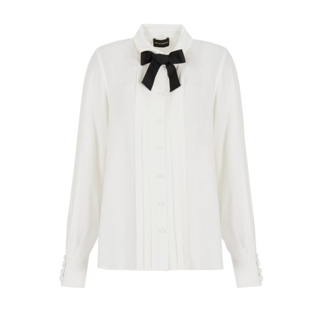 Armani white crêpe shirt with pleats and black bow detail
