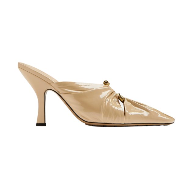 Bottega Veneta tan patten leather heels with gold hardware