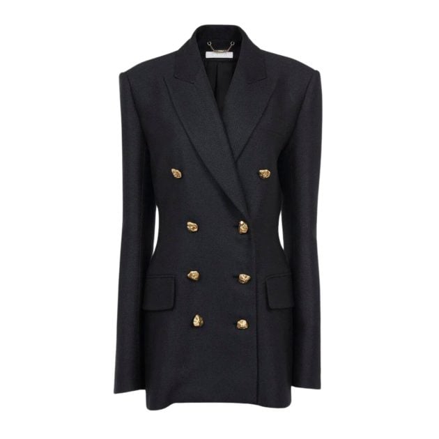 Chloe long black double-breasted blazer with gold buttons