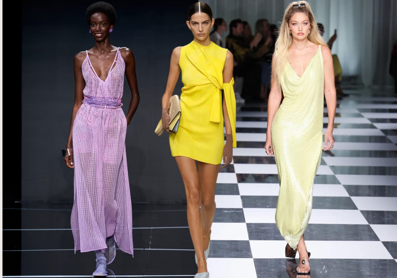 A collage of three looks from Emporio Armani, Fendi, and Versace at Fashion Week