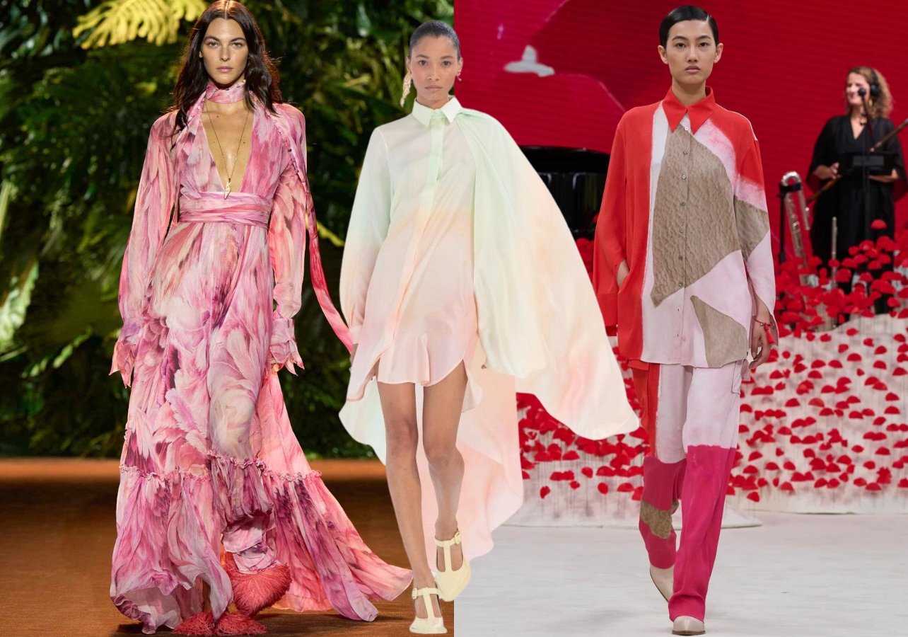 A collage of three looks from Roberto Cavalli, Zimmermann, and Akris at Fashion Week