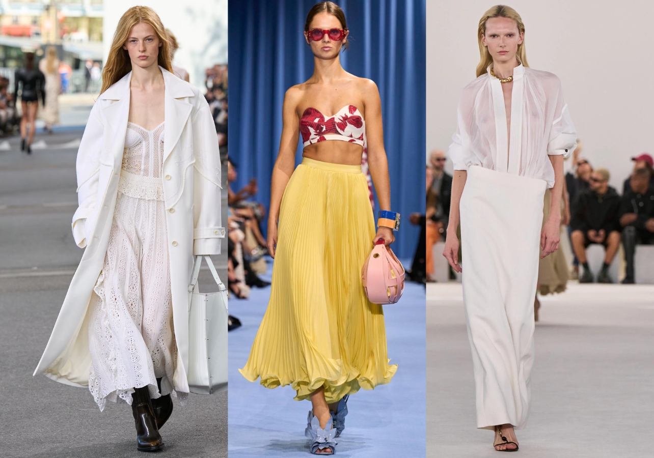 A collage of three looks from Chloe, Balmain, and Ferragamo at Fashion Week