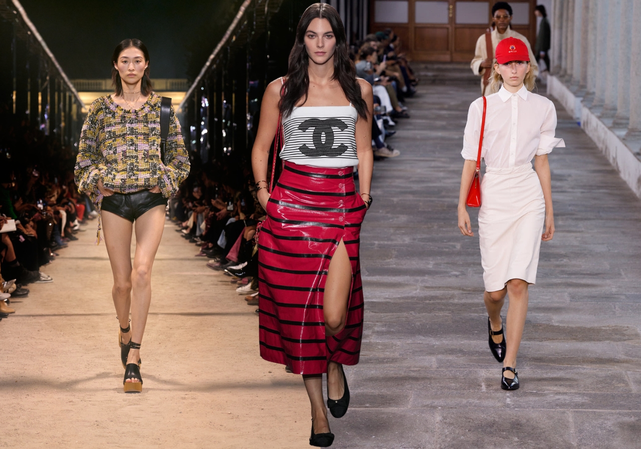 A collage of three looks from Isabel Marant, Chanel, and Bally at Fashion Week