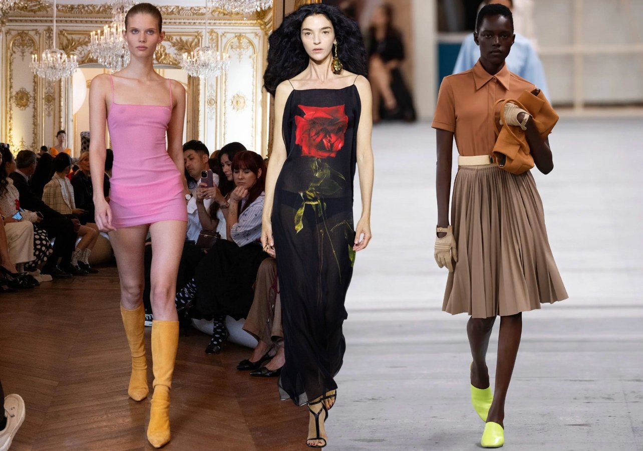 A collage of three looks from Marni, Alexander McQueen, and Tod’s at Fashion Week