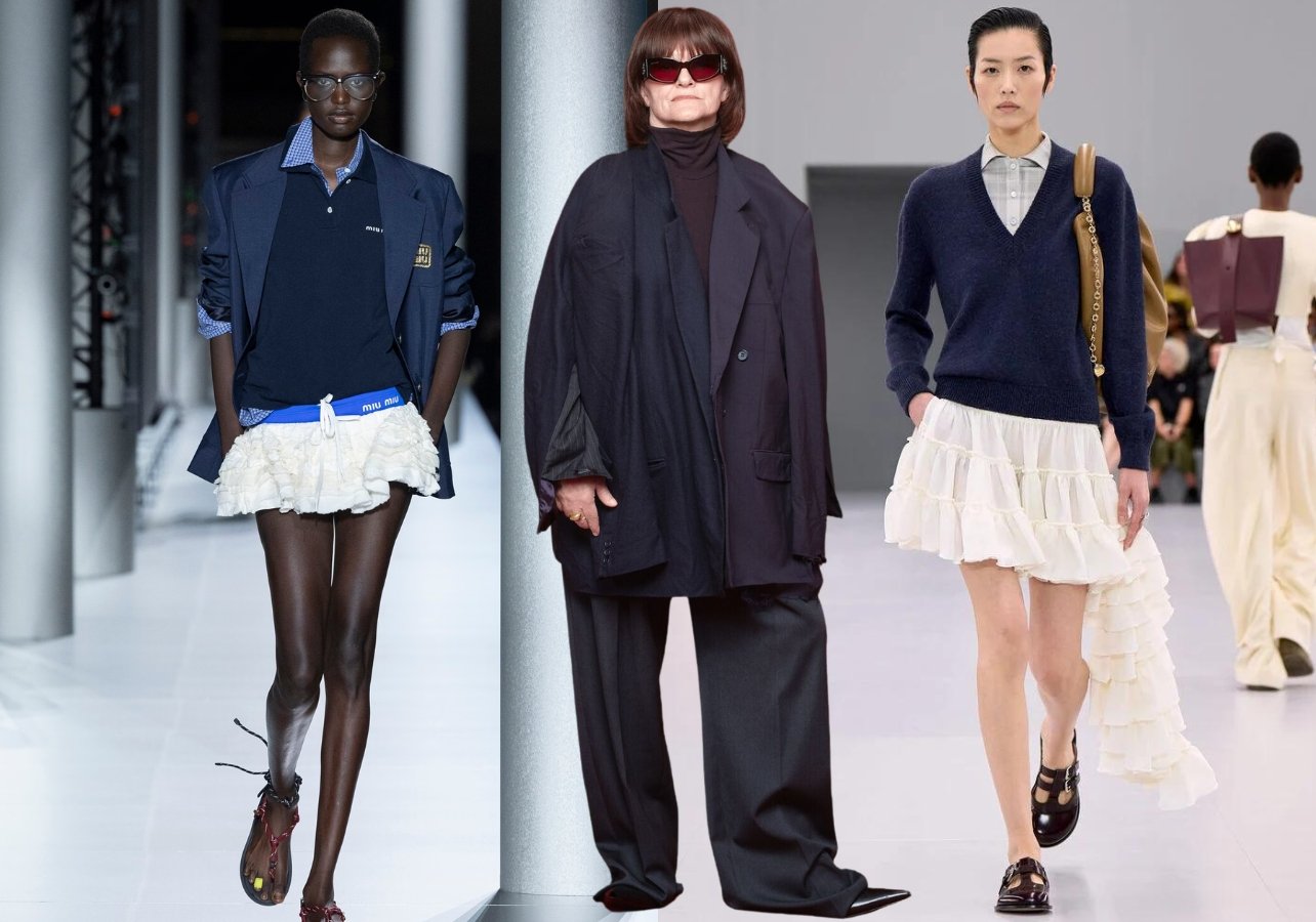 A collage of three looks from Miu Miu, Balenciaga, and Loewe at Fashion Week