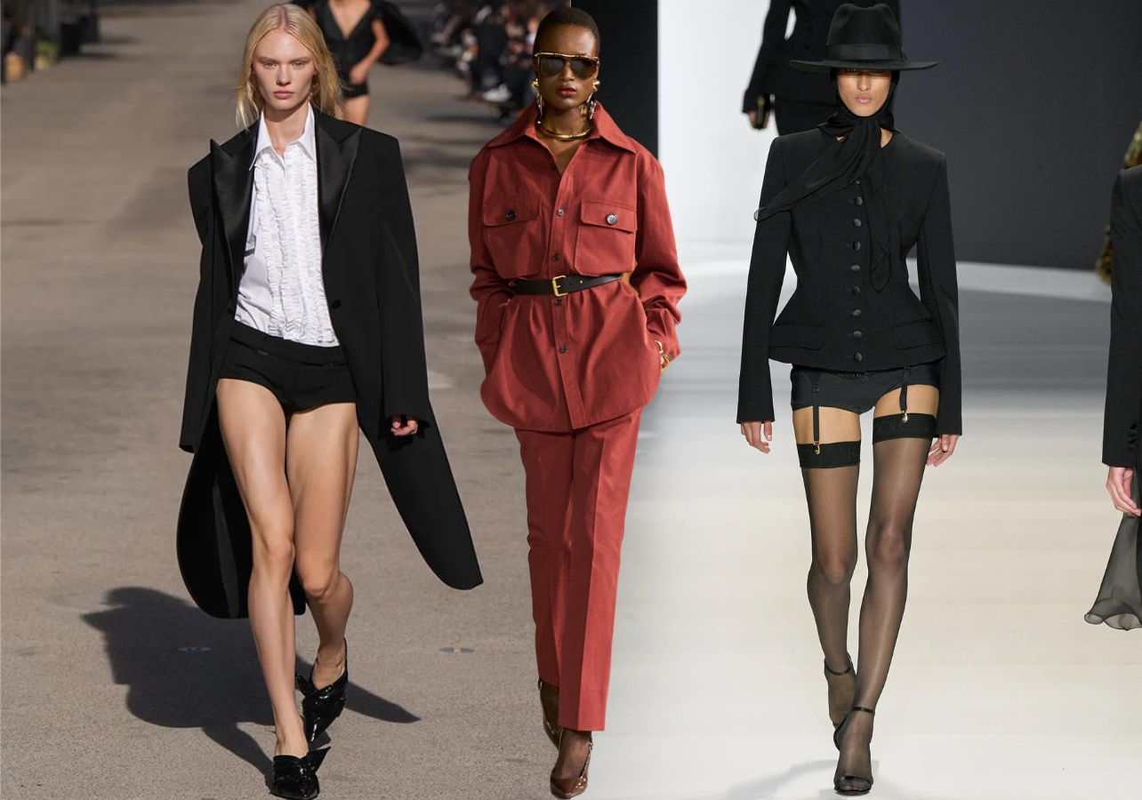A collage of three looks from Stella McCartney, Saint Laurent, and Dolce & Gabbana at Fashion Week