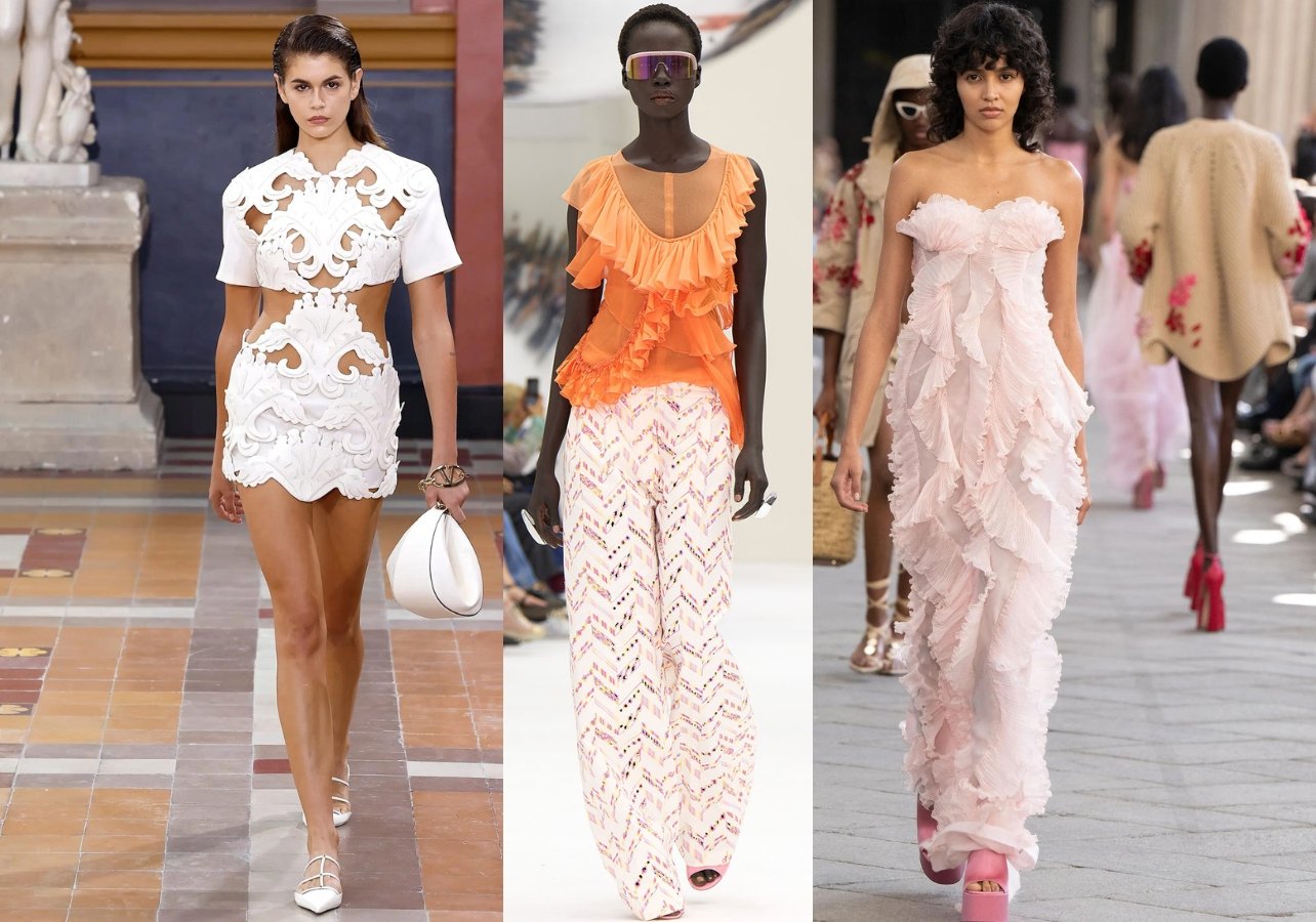 A collage of three looks from Valentino, Missoni, and Ermanno Scervino at Fashion Week