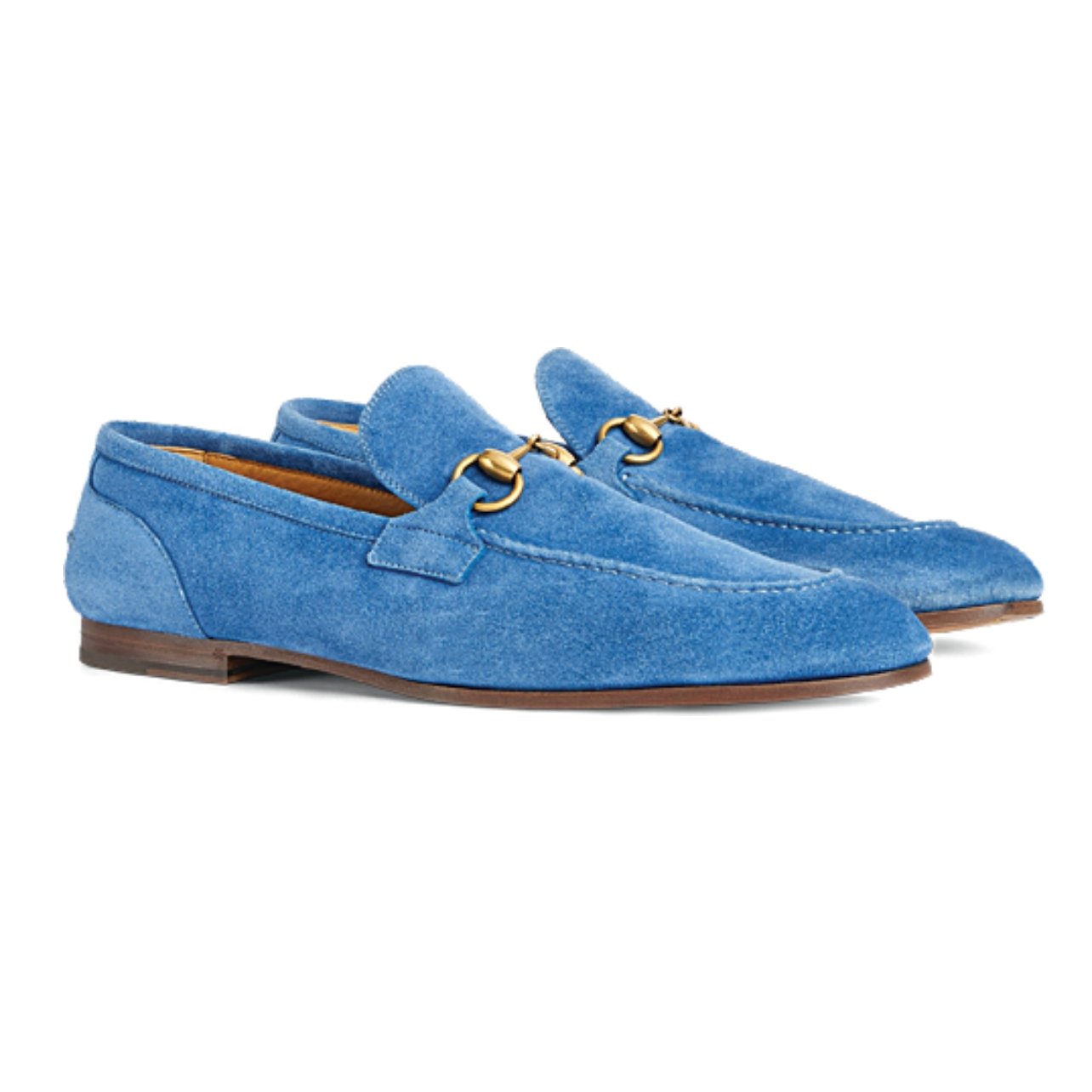 Sky blue suede Gucci Jordaan loafers with antique gold finish hardware