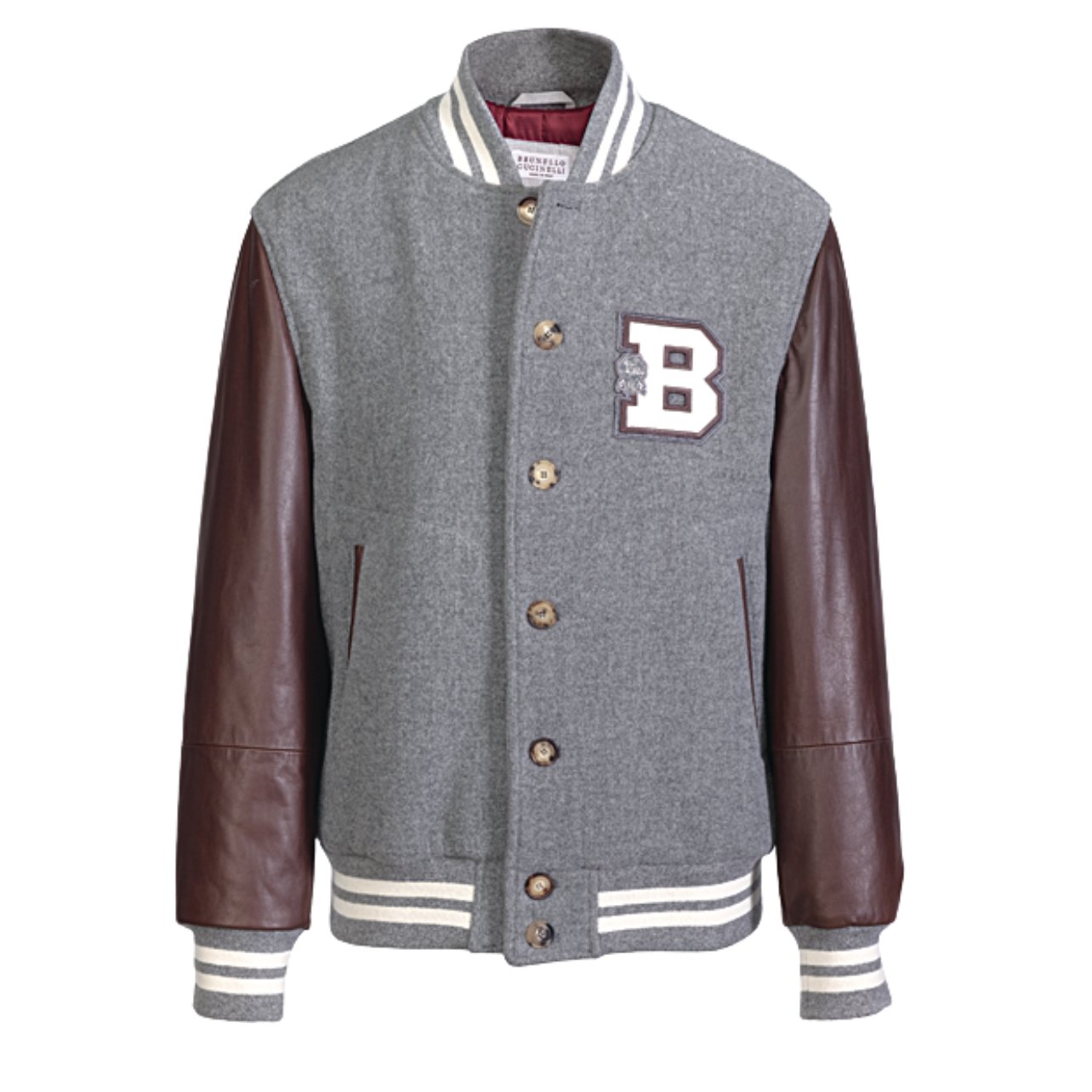 Brunello Cucinelli grey and maroon bomber jacket