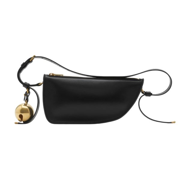 Burberry black leather mini shield sling bag with gold bell detail