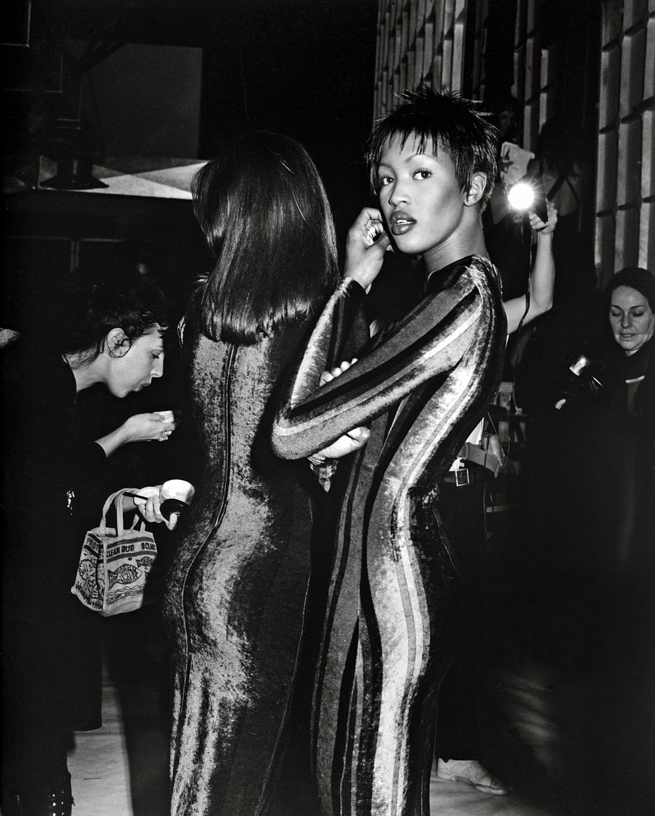 Naomi Campbell at Versace Milan, 1990’s wearing a velvet gown