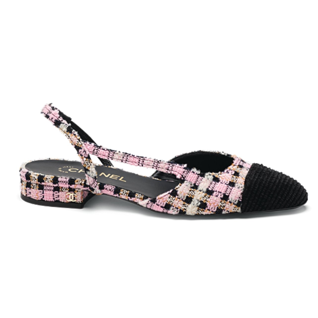 Pink, black, and white Chanel slingback flats