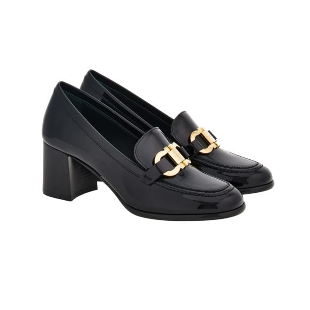 Ferragamo black loafers with chunky heels and gold Gancini ornament