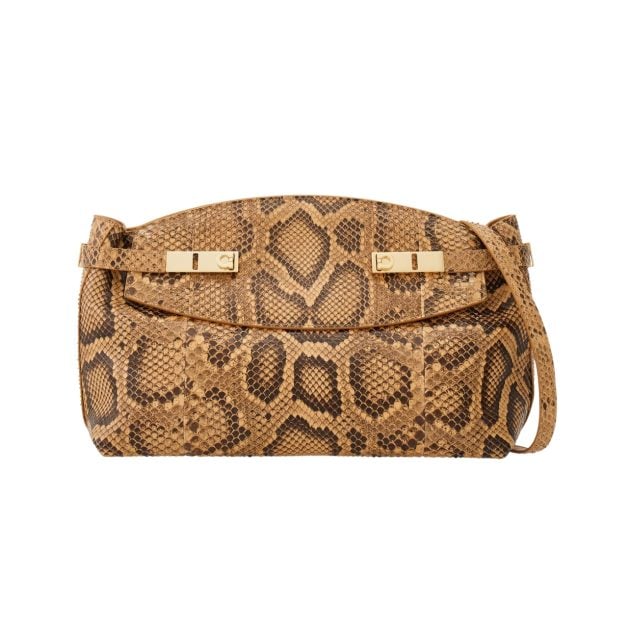 Ferragamo snake leather hug pouch with camel interior and detachable crossbody strap