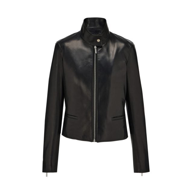 Ferragamo black denim leather biker jacket with silver zipper