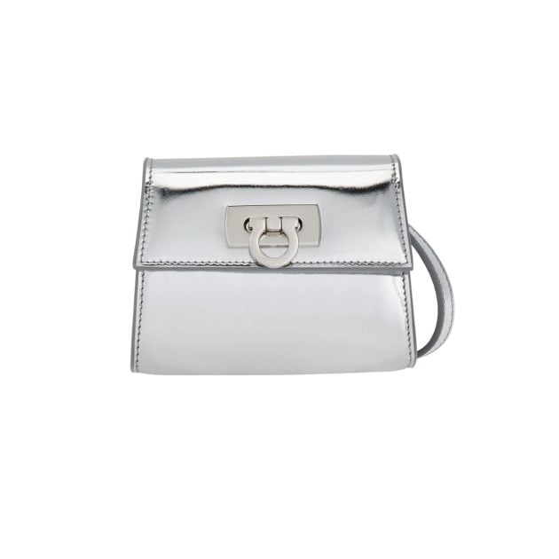 Ferragamo silver metallic mini card holder with circular top handle