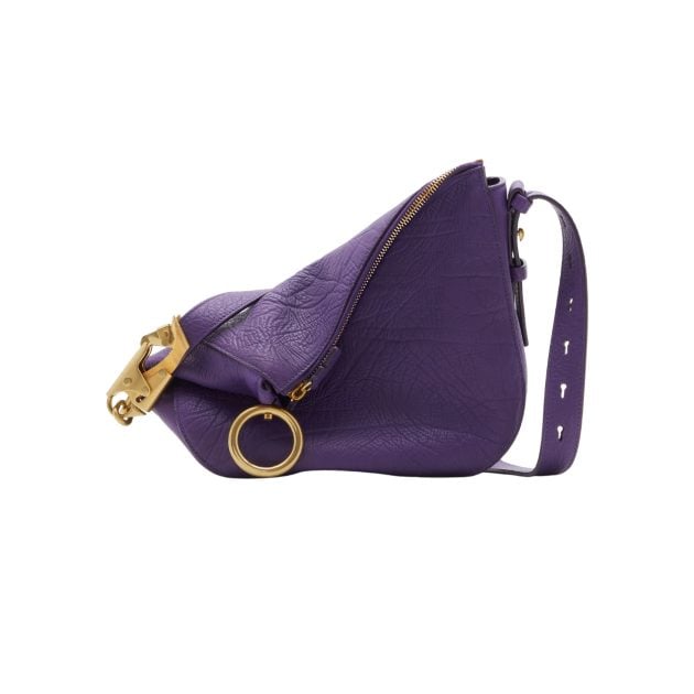 Burberry purple leather Knight bag with adjustable leather strap and brushed gold hardware