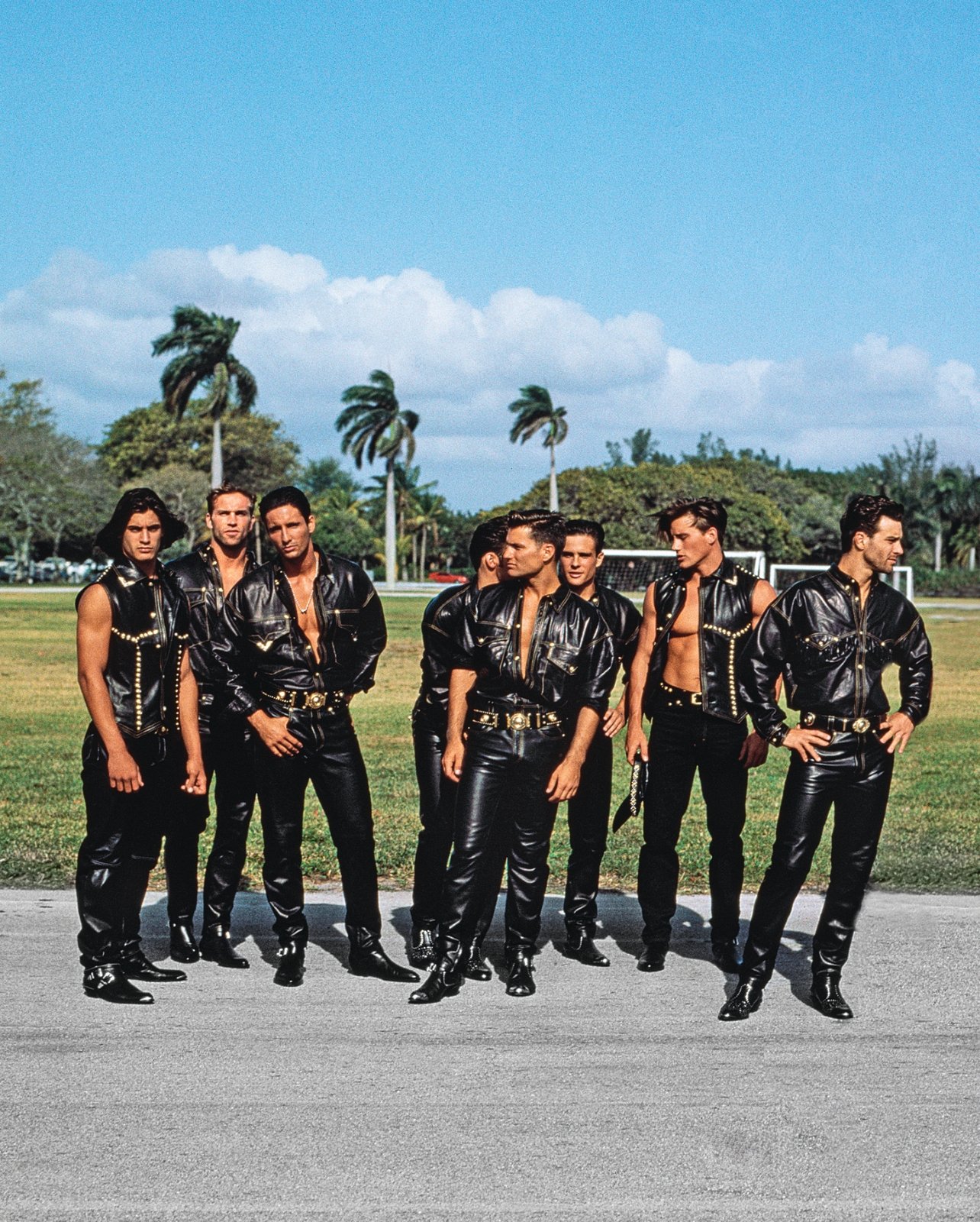 Versace male models in leather posing at Crandon Park, Key Biscayne