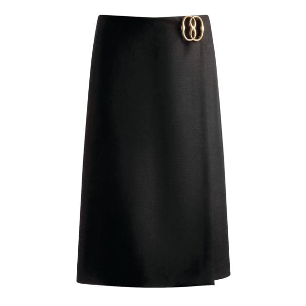 Bally black silk knee-length wrap skirt with gold hardware