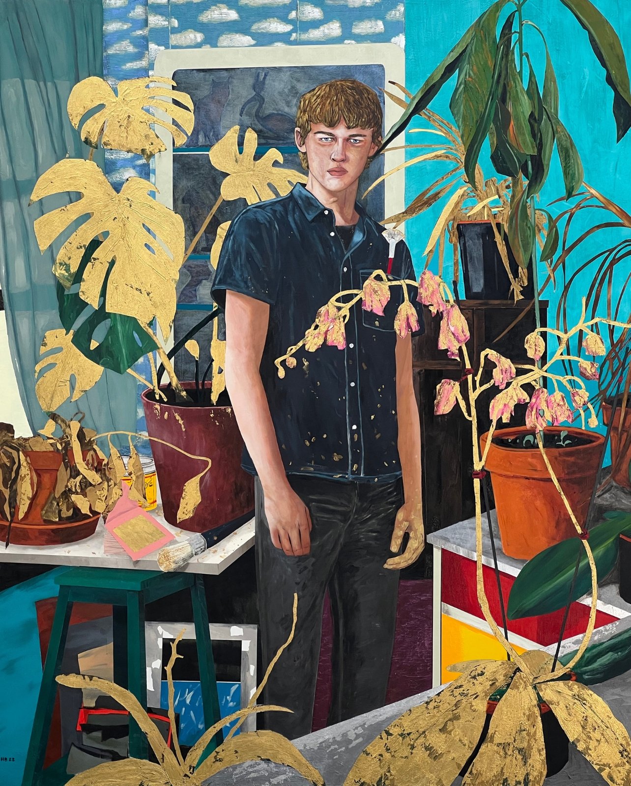 Hernan Bas painting of person in a home full of houseplants