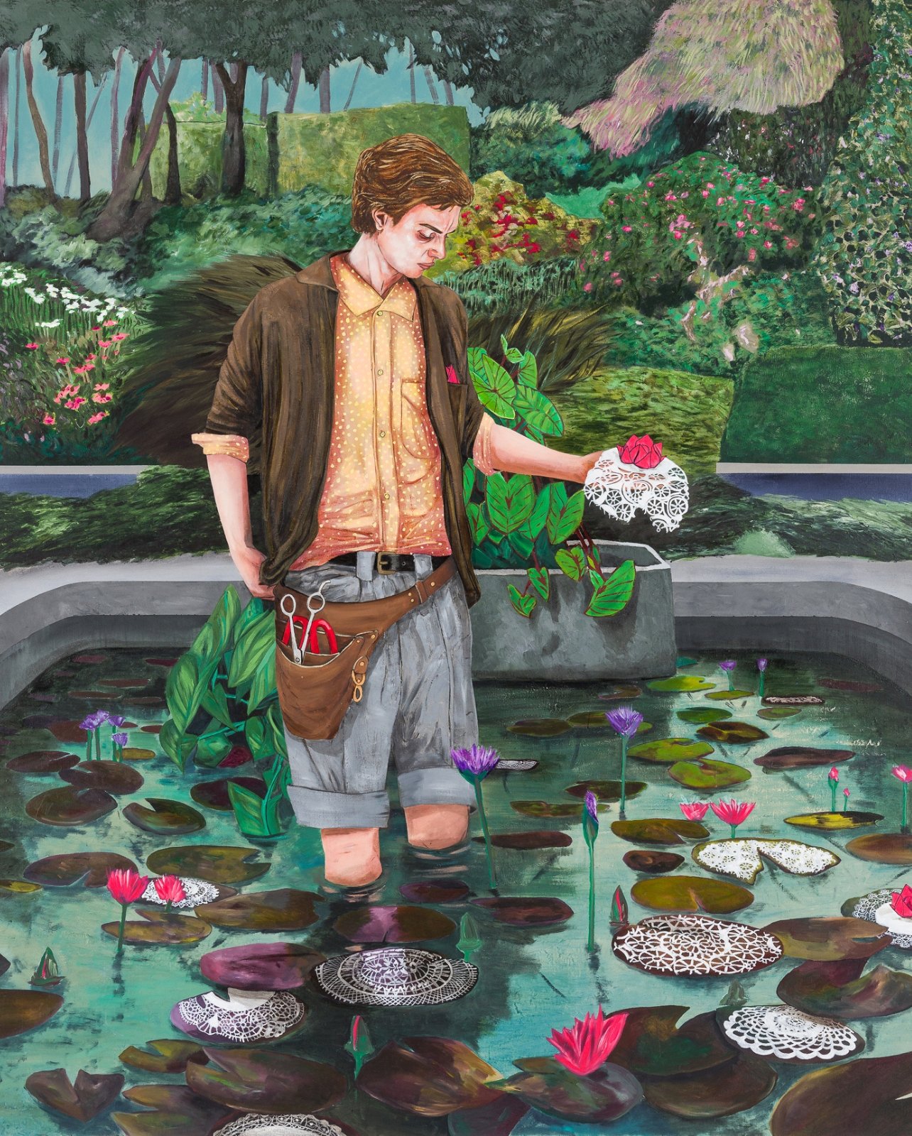 Hernan Bas painting of person in lily pond holding an origami flower