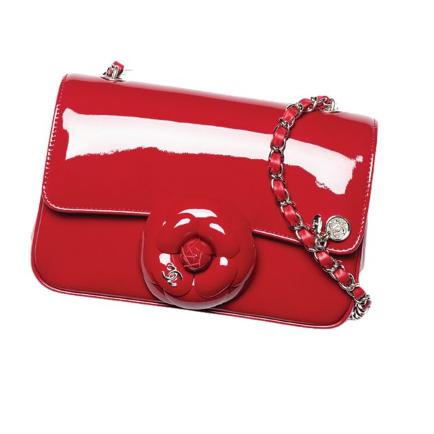 Chanel red patent leather Camellia clasp bag with 3D leather floral detail and silver hardware