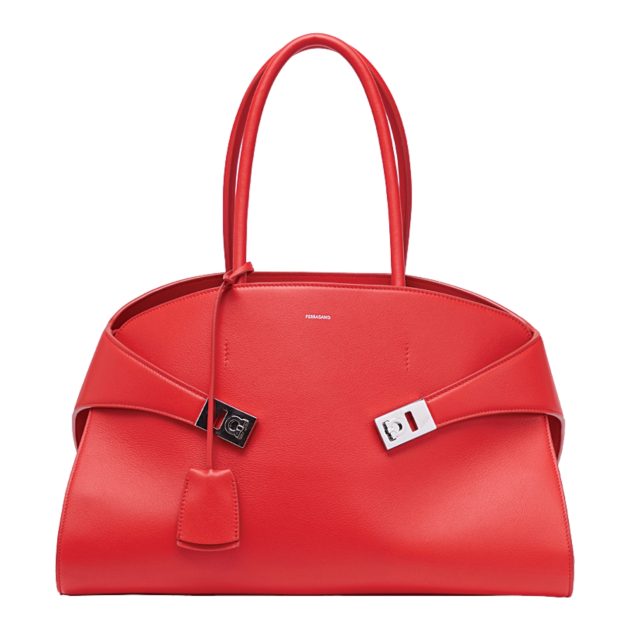 Ferragamo red leather hug bag with silver hardware