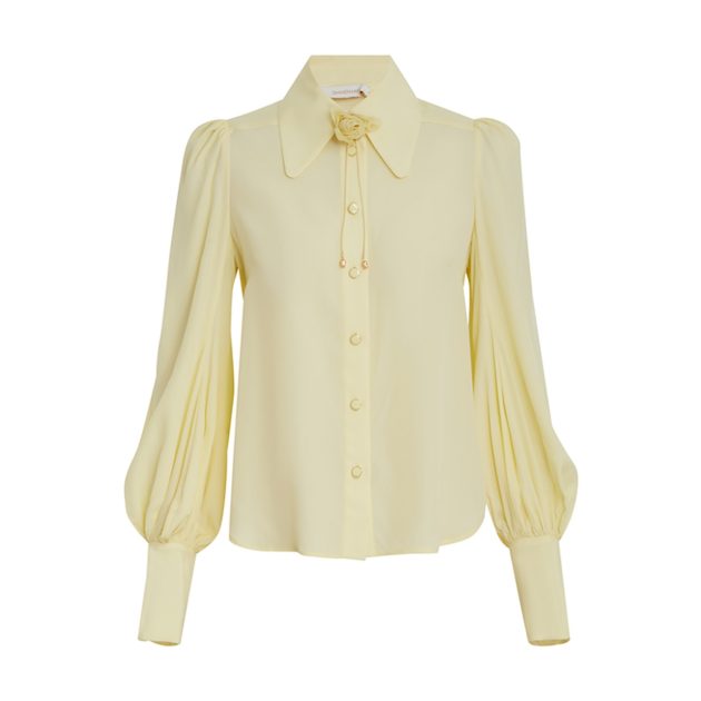 Zimmermann off-white Matchmaker blouson shirt with puff sleeves with 3D floral accent on collar